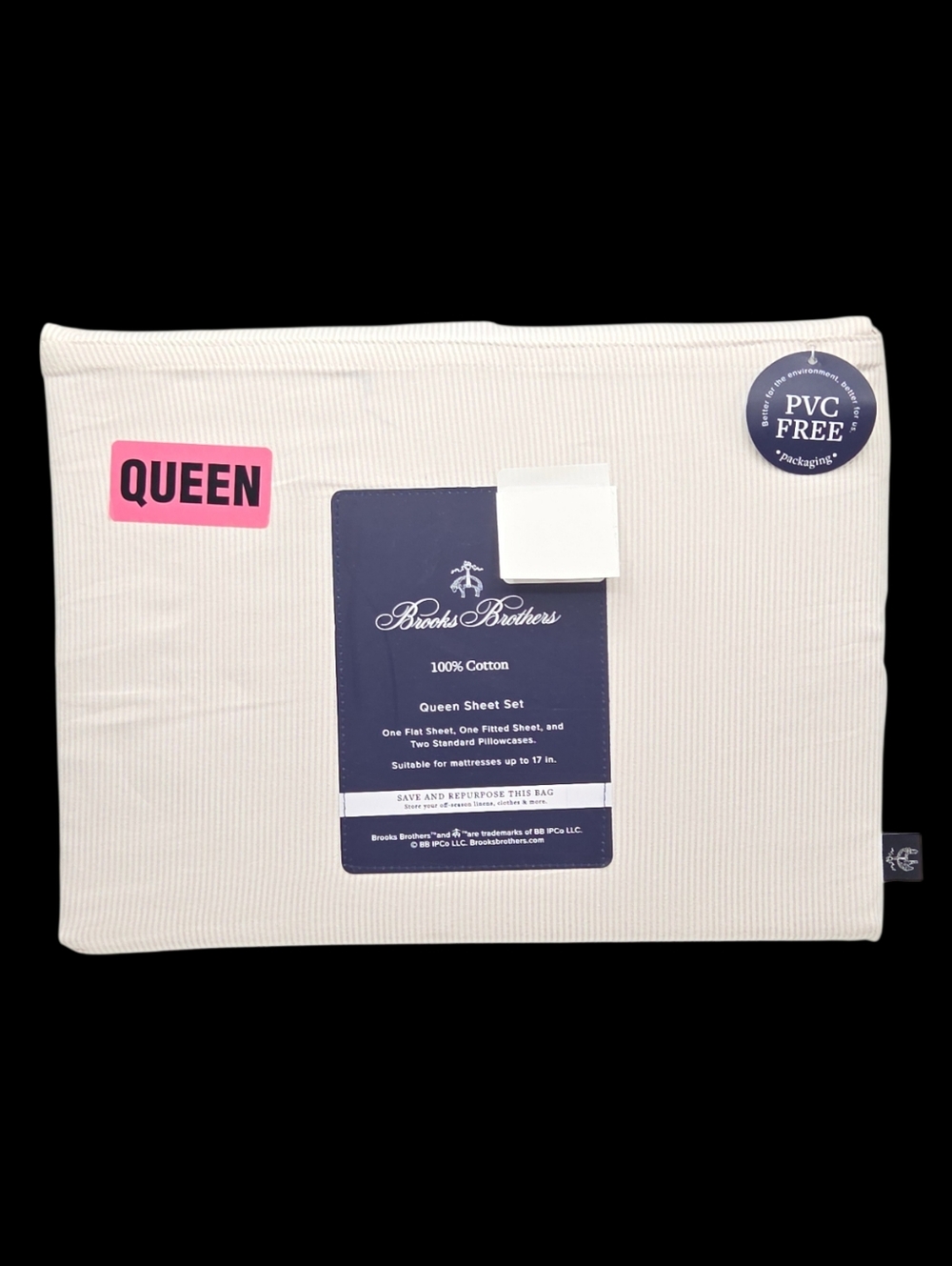 Brooks Brothers Striped Cotton Queen Sheet Set of 4pc White‎ Taupe
